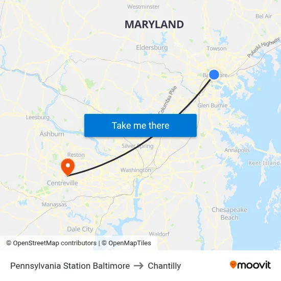 Pennsylvania Station Baltimore to Chantilly map