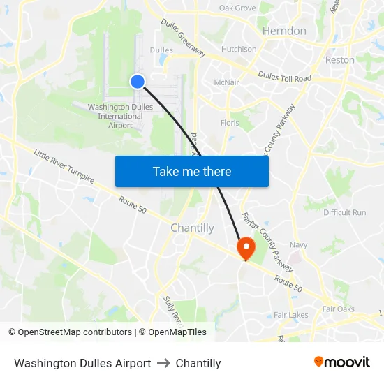Washington Dulles Airport to Chantilly map