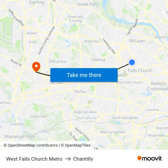 West Falls Church Metro to Chantilly map