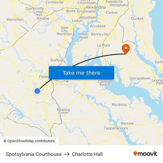 Spotsylvania Courthouse to Charlotte Hall map