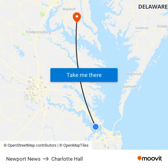 Newport News to Charlotte Hall map