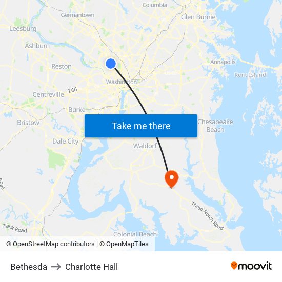 Bethesda to Charlotte Hall map