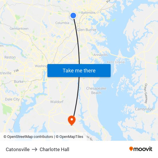 Catonsville to Charlotte Hall map