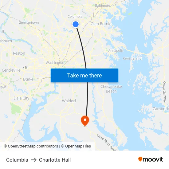 Columbia to Charlotte Hall map