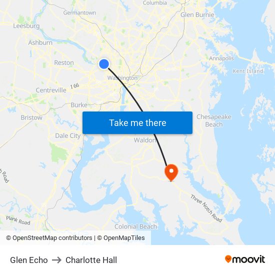 Glen Echo to Charlotte Hall map