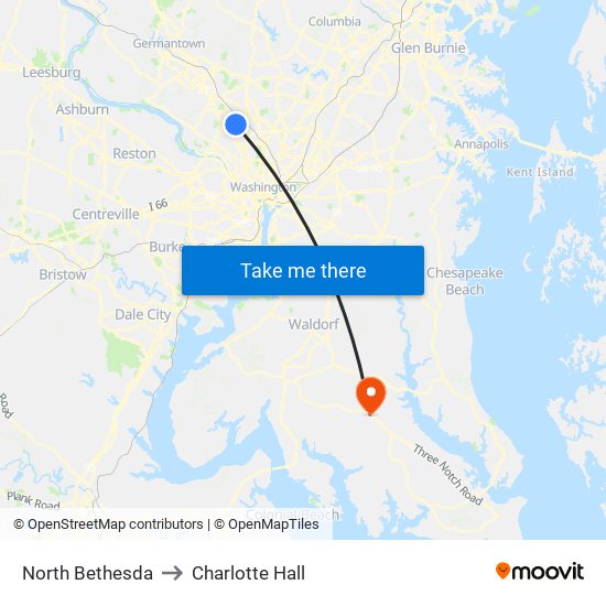 North Bethesda to Charlotte Hall map