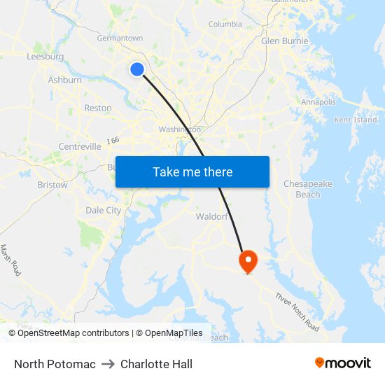 North Potomac to Charlotte Hall map