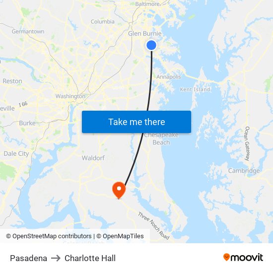 Pasadena to Charlotte Hall map