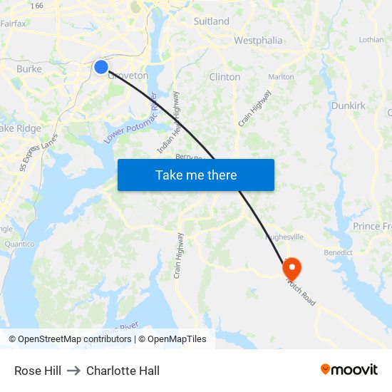 Rose Hill to Charlotte Hall map