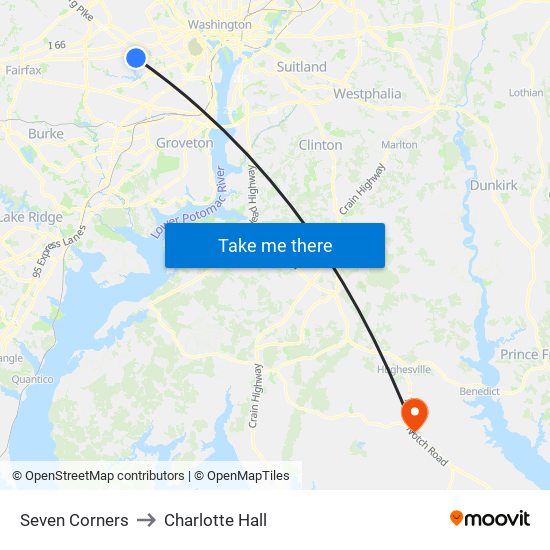 Seven Corners to Charlotte Hall map