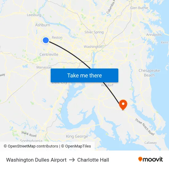 Washington Dulles Airport to Charlotte Hall map