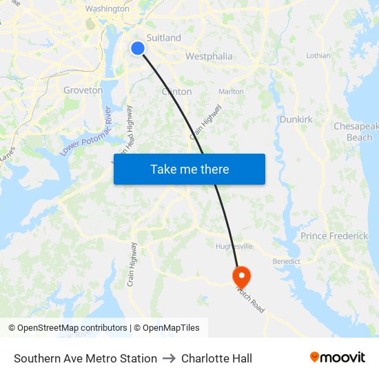 Southern Ave Metro Station to Charlotte Hall map