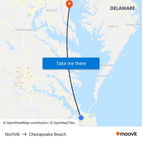 Norfolk to Chesapeake Beach map