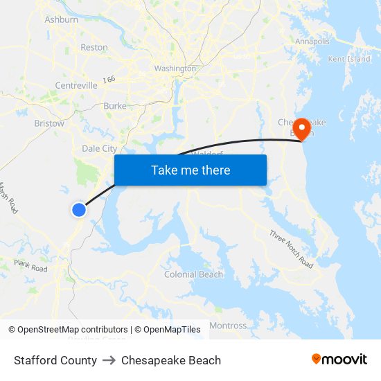 Stafford County to Chesapeake Beach map