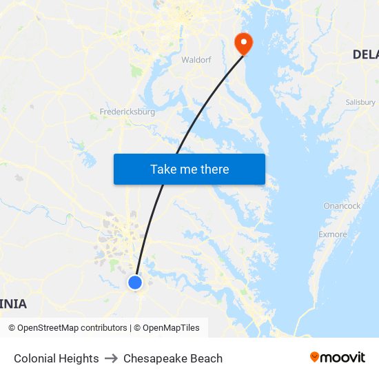 Colonial Heights to Chesapeake Beach map