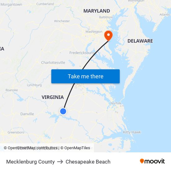 Mecklenburg County to Chesapeake Beach map