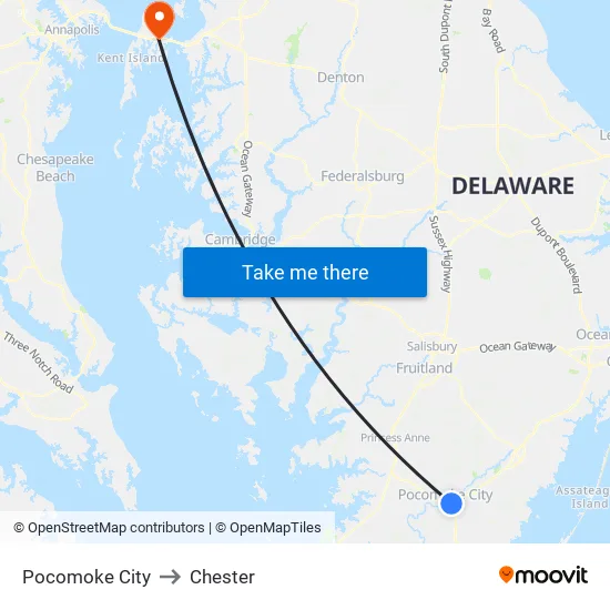 Pocomoke City to Chester map