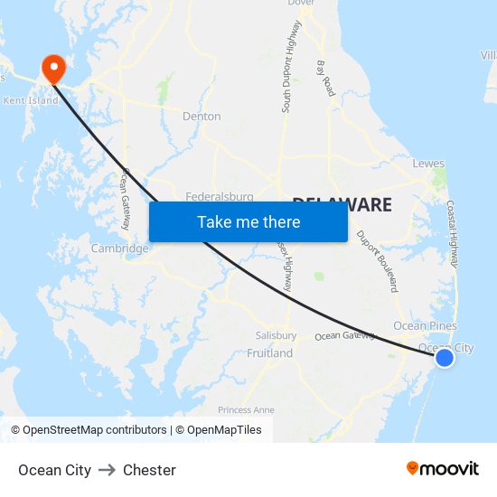 Ocean City to Chester map