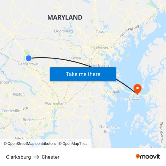 Clarksburg to Chester map