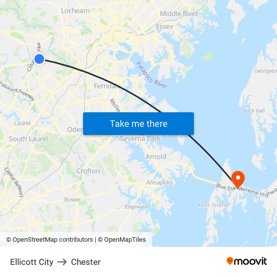 Ellicott City to Chester map