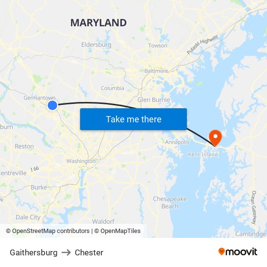 Gaithersburg to Chester map