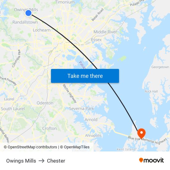 Owings Mills to Chester map