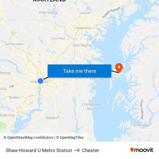 Shaw-Howard U Metro Station to Chester map
