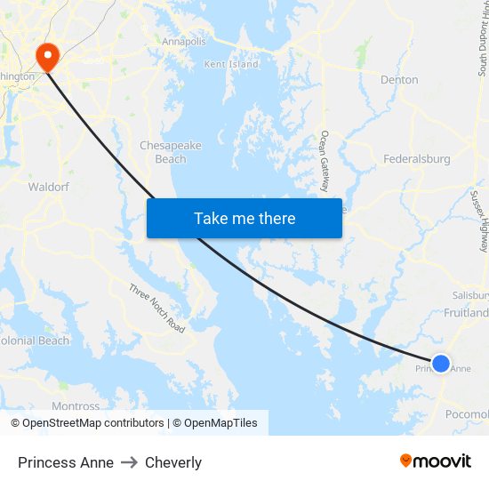 Princess Anne to Cheverly map