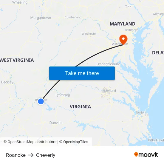 Roanoke to Cheverly map
