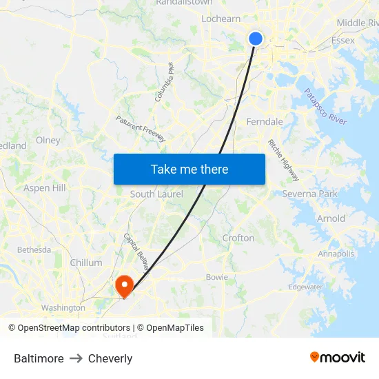 Baltimore to Cheverly map