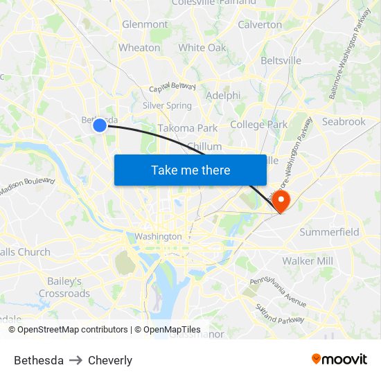 Bethesda to Cheverly map