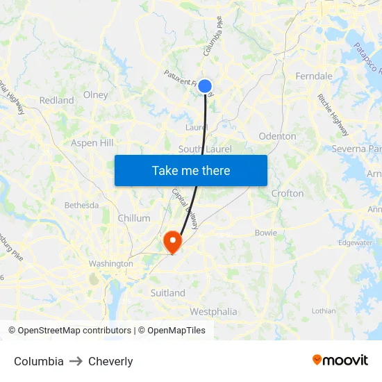 Columbia to Cheverly map