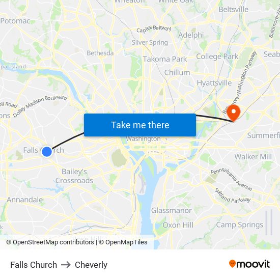 Falls Church to Cheverly map