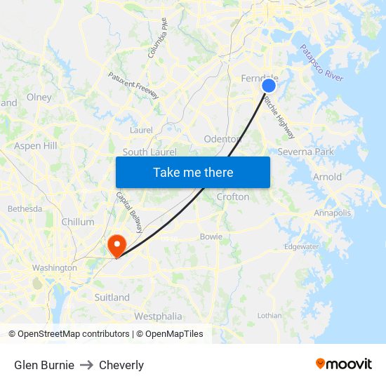 Glen Burnie to Cheverly map