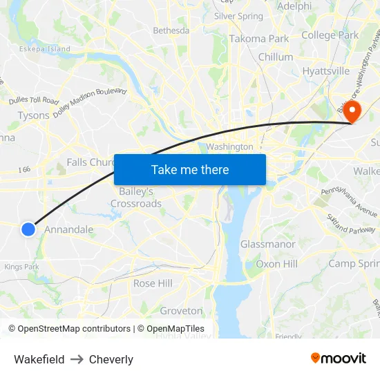 Wakefield to Cheverly map