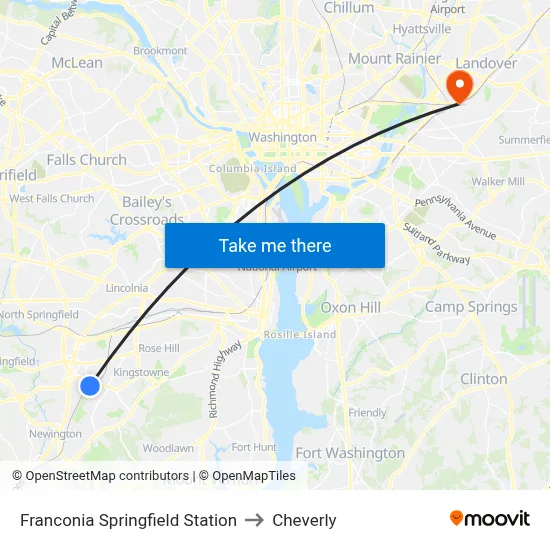 Franconia Springfield Station to Cheverly map