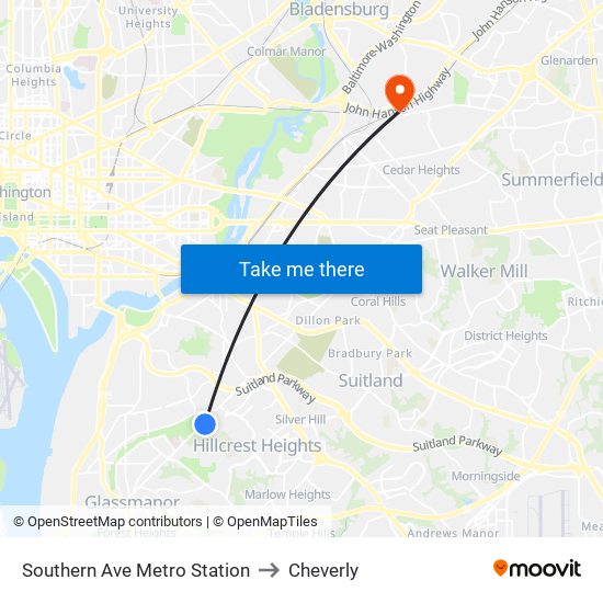 Southern Ave Metro Station to Cheverly map