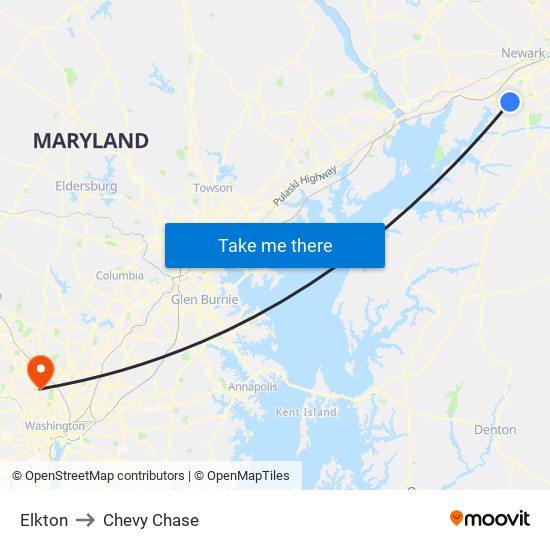 Elkton to Chevy Chase map