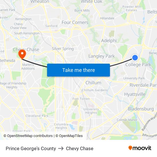 Prince George's County to Chevy Chase map