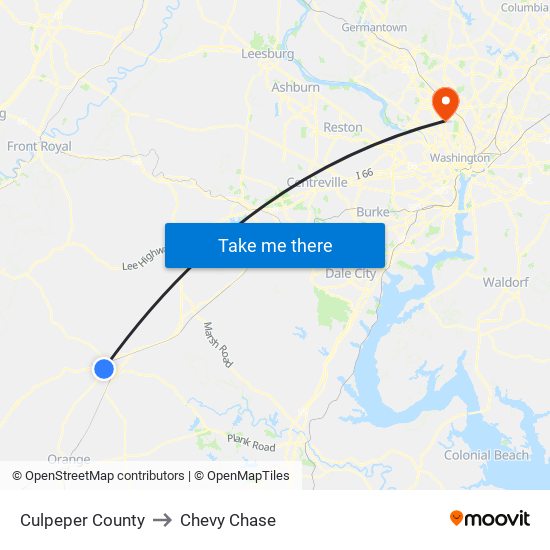 Culpeper County to Chevy Chase map