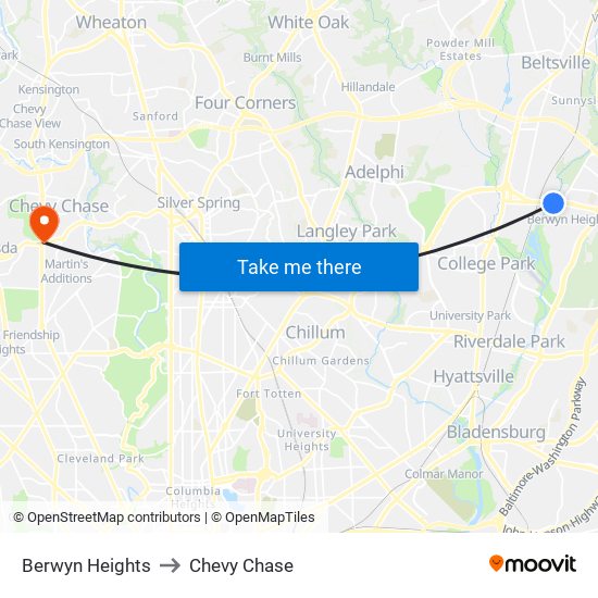 Berwyn Heights to Chevy Chase map