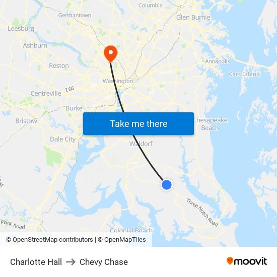 Charlotte Hall to Chevy Chase map