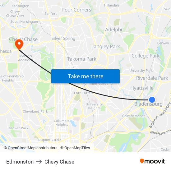 Edmonston to Chevy Chase map