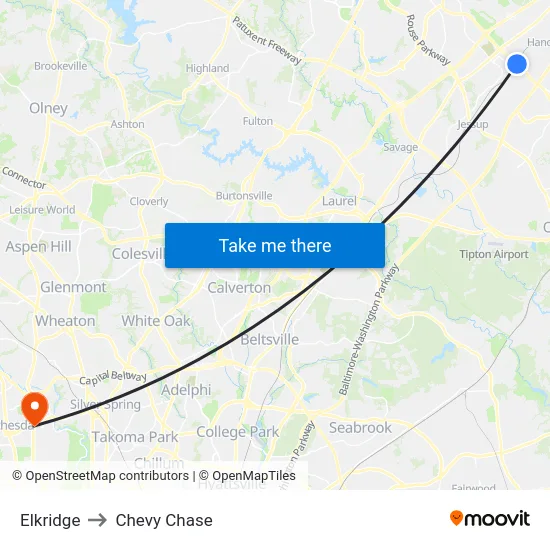 Elkridge to Chevy Chase map