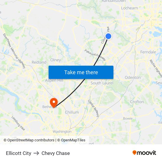 Ellicott City to Chevy Chase map