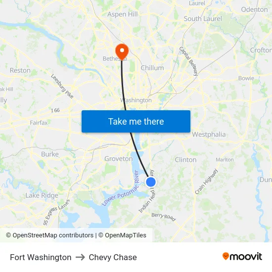 Fort Washington to Chevy Chase map