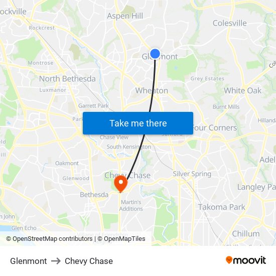 Glenmont to Chevy Chase map