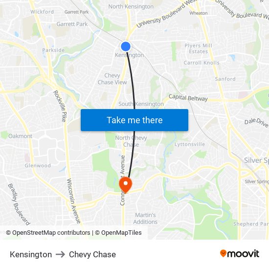 Kensington to Chevy Chase map