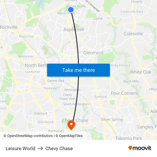 Leisure World to Chevy Chase map