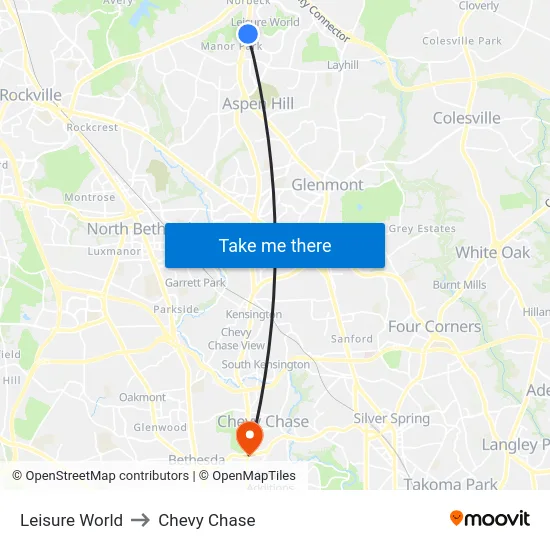 Leisure World to Chevy Chase map